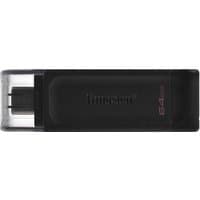Black Kingston DataTraveler USB-C 64GB flash drive with transparent cap and red "64GB" text on the side.
