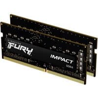 Black Kingston FURY 32GB DDR4 SODIMM kit with gold connectors and white branding on sleek black heat spreaders.