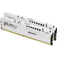 White Kingston FURY Beast DDR5 RAM kit, 64GB, 6400MT/s, CL32, with sleek heat spreaders and black accents.