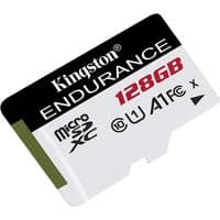 Kingston 128GB MicroSD card, white with black and red text, UHS-I Class 10, labeled "ENDURANCE" and "A1".
