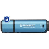 Blue Kingston IronKey 64GB USB drive with AES-256 encryption, FIPS 197, and lock icon on the cap.