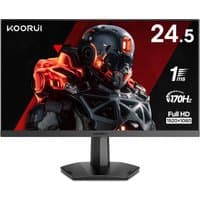 Koorui 24.5" gaming monitor, slim bezel, black stand, 170Hz, Full HD, 1ms response, futuristic armor graphic on screen.