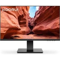 Koorui 24" Full HD monitor with slim bezels, matte black finish, and vivid canyon image on the screen.