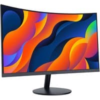 Curved 24-inch Koorui monitor with slim black bezel, vibrant display, and round stand base.