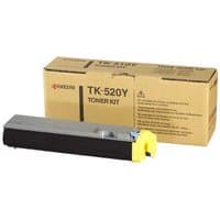 Yellow Kyocera TK-520Y toner cartridge with black casing and yellow end, next to brown packaging box.
