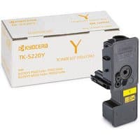 Black KYOCERA TK-5220Y toner cartridge with yellow label, next to white box with yellow text and branding.