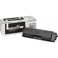 Black KYOCERA TK-580K toner cartridge with rectangular shape and branded packaging box.
