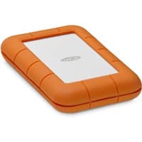 Orange and white LaCie Rugged Secure 2TB external hard drive with USB Type-C port and durable rubber casing.