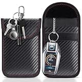 Black carbon fiber texture Faraday pouch for car keys, with keychain holder and red stitching, set of two.