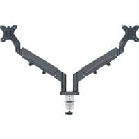 Black Leitz Ergo dual monitor arm with adjustable joints and silver mounting base.