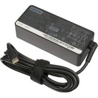 Black Lenovo 65W power adapter with attached cord and Velcro strap, rectangular shape, labeled with specifications.