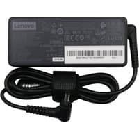Black Lenovo 65W power adapter with rectangular body, attached cable, and right-angle connector.