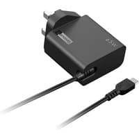 Black Lenovo 65W USB-C wall adapter with UK plug and attached USB-C cable.