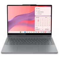 Lenovo grey 2-in-1 Chromebook with 14" touchscreen, slim bezels, and backlit keyboard, running ChromeOS.