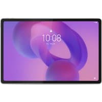 Grey Lenovo Idea Tab Plus tablet, 12.1-inch display, slim bezel, Android 15 interface, vibrant purple screen background.