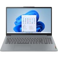Lenovo IdeaPad Slim 3 laptop, silver, 15.6-inch display, slim bezels, full keyboard with numeric pad, Windows interface visible.