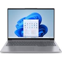 Lenovo ThinkBook 16 G7 laptop, silver, 16-inch display, slim bezels, Windows 11 Pro interface, full-size keyboard.
