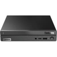 Black Lenovo ThinkCentre neo 50q Gen 4 Mini PC with sleek design, front USB ports, and power button.