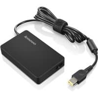 Black Lenovo ThinkPad 65W Slim AC adapter with rectangular design, attached power cord, and yellow-tipped connector.