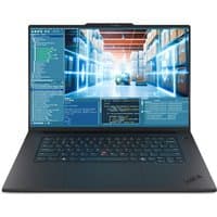 Black Lenovo ThinkPad P1 Gen 8 laptop with backlit keyboard, large touchpad, and vivid 40" display showing tech graphics.