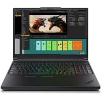 Black Lenovo ThinkPad P16 Gen 3 laptop with Intel Core Ultra 9, 16-inch screen displaying graphic design software.