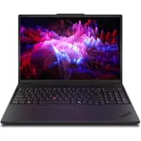 Black Lenovo ThinkPad P16v Gen 3 laptop with 16" display, backlit keyboard, and sleek design.