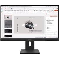 Black Lenovo ThinkVision E22-40 Monitor with slim bezels, adjustable stand, displaying a presentation slide.