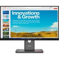 Lenovo ThinkVision P24QD-40 Monitor, slim black bezel, rectangular stand, vibrant display showing landscape and text.