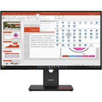 Lenovo ThinkVision T27-40 27" monitor, slim black bezel, adjustable stand, displaying a presentation slide.