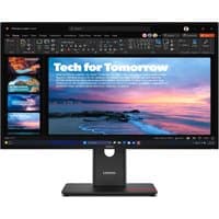 27-inch Lenovo ThinkVision T27QD-40 monitor with slim bezels, black stand, and vibrant display showing a beach scene.