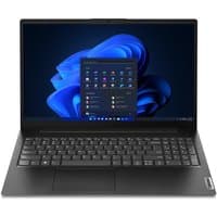 Lenovo V15 G4 laptop, 15.6-inch screen, black keyboard, Windows 11 interface, sleek black design.