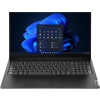 Lenovo V15 G4 laptop, 15.6-inch screen, black keyboard, Windows 11 interface, sleek black design.