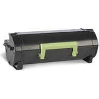 Black Lexmark 502X R toner cartridge with a green handle and cylindrical shape.