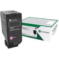 Black Lexmark toner cartridge with magenta label, next to branded box with green and magenta accents.
