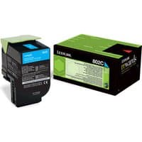 Lexmark 802C toner cartridge, cyan, black casing with blue label, next to green and black packaging box.