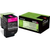 Lexmark 802M toner cartridge, magenta, black casing with green top, next to green and black packaging box.