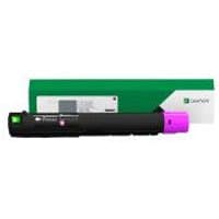 Black Lexmark toner cartridge with magenta cap, green and white packaging in background.