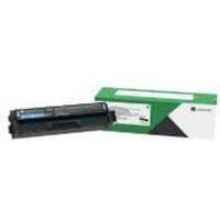 Lexmark C3220C0 cyan toner cartridge, black casing with blue label, next to green and white box.