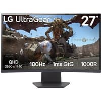 LG 27-inch curved gaming monitor, UltraGear series, QHD 2560x1440, 180Hz refresh rate, 1ms response time, black stand.