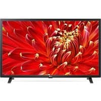 Black LG 32" Full HD Smart TV with vibrant red flower display, slim bezels, and dual stand feet.
