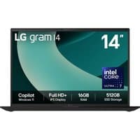 LG Gram 14-inch laptop, black, with Intel Core Ultra 7, 16GB RAM, 512GB storage, Full HD+ IPS display.