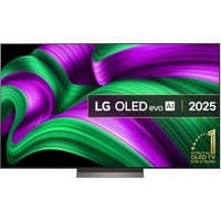 65" LG OLED Smart TV with thin bezel, vibrant 4K display, and sleek stand, featuring vivid purple and green screen graphics.
