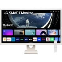 White LG SMART Monitor 32SR50F-W with slim bezel, displaying streaming apps and remote control on stand.