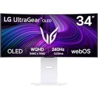 Curved LG UltraGear OLED gaming monitor, 34-inch, white stand, WQHD, 240Hz, webOS, vibrant purple swirl display.