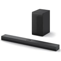 Black LG US70TY 3.1.1ch soundbar with Dolby Atmos, sleek rectangular design, paired with a matching subwoofer.