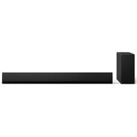 Black LG 3.1 Dolby Atmos soundbar with rectangular wireless subwoofer, sleek minimalist design.
