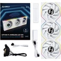 White Lian Li 12 cm computer case fan with three blades, RGB lighting, and wireless LCD, includes cables and packaging.