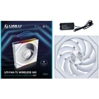 White Lian Li 14 cm computer case fan with spiral blade design and wireless control, includes black power adapter.