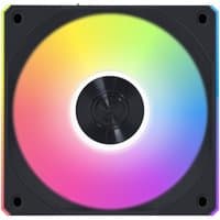 Black Lian Li 12 cm computer case fan with RGB lighting and circular design.