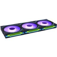 Black Lian Li Uni Fan SL-INF wireless 120 cooler with three purple-lit fans in a sleek rectangular design.